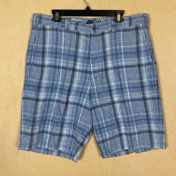 Tommy Bahama Linen Shorts Mens 38 Blue Plaid High Rise Relax Fit 100% Linen‎ - Picture 1 of 11